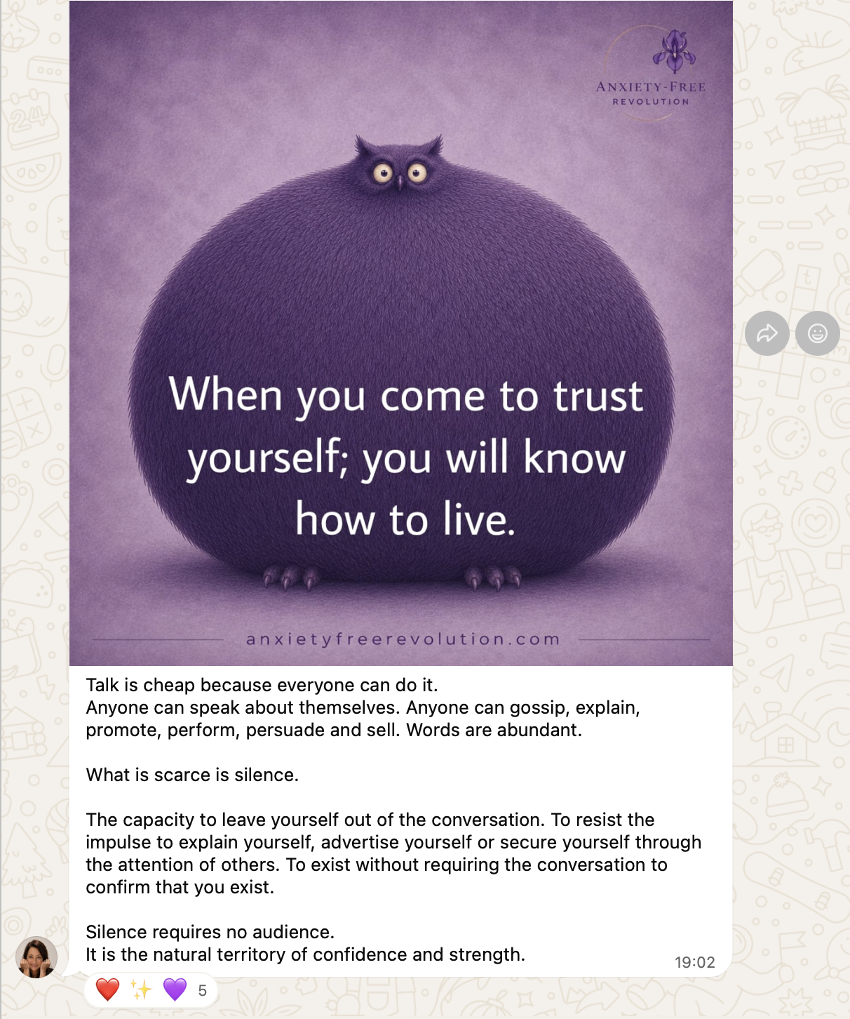 Example WhatsApp post featuring a purple owl, the trust quote, and the accompanying message
