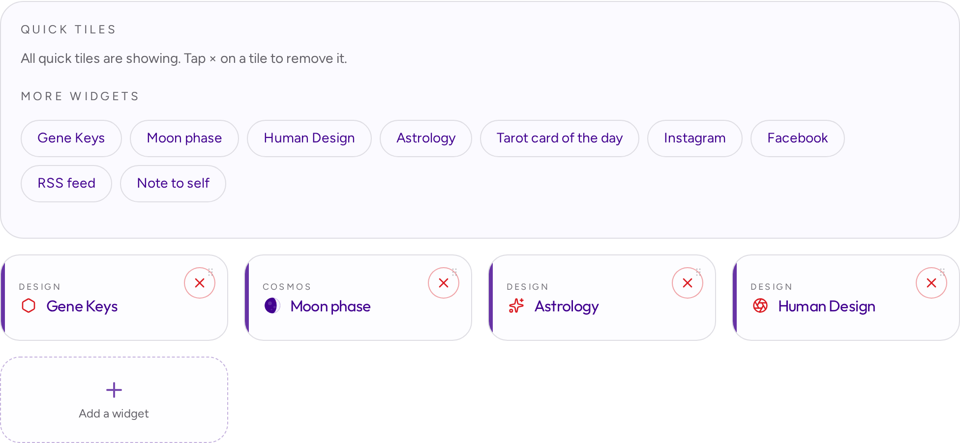 My space with the Add/Remove panel open, showing the widgets you can add — Gene Keys, Moon phase, Human Design, Astrology, Tarot and more