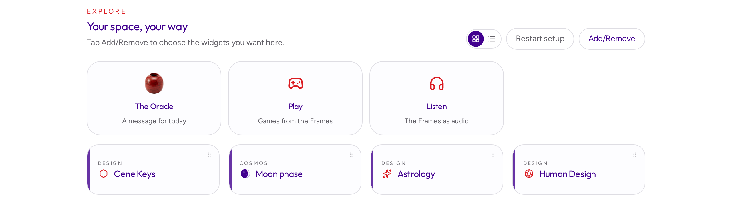 My space: Oracle, Play and Listen tiles with Gene Keys, Moon phase, Astrology and Human Design widgets