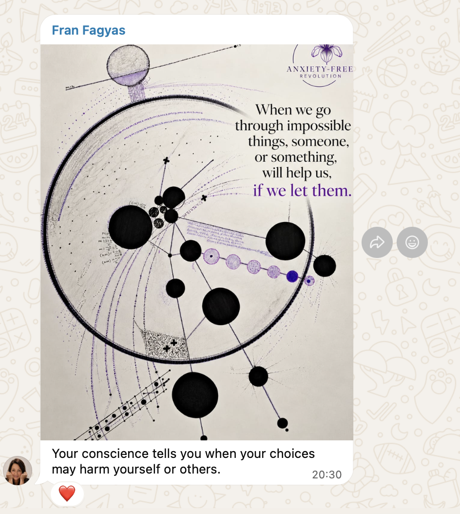 Example WhatsApp post with a celestial drawing and the quote: When we go through impossible things, someone, or something, will help us, if we let them